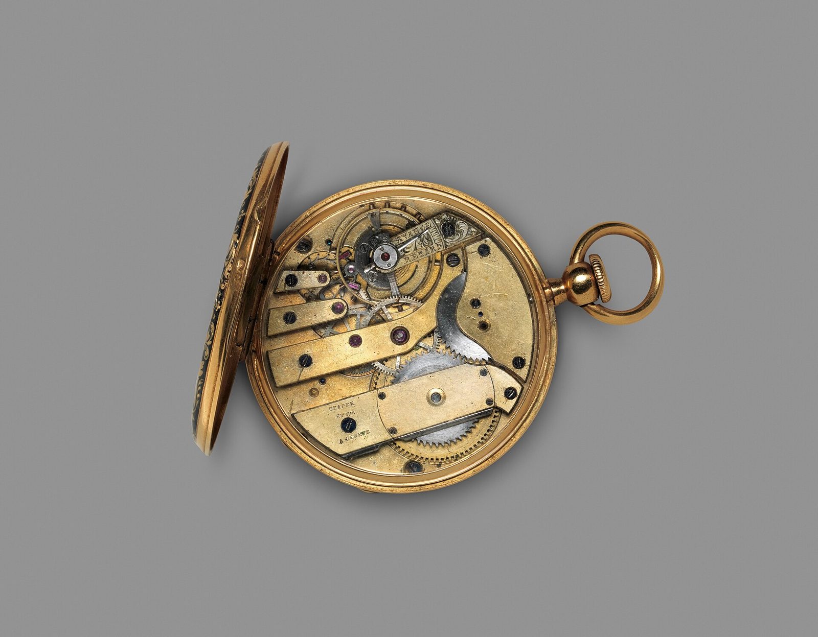 Geöffnete goldene Taschenuhr mit Uhrwerk, signiert von Czapek in Genf