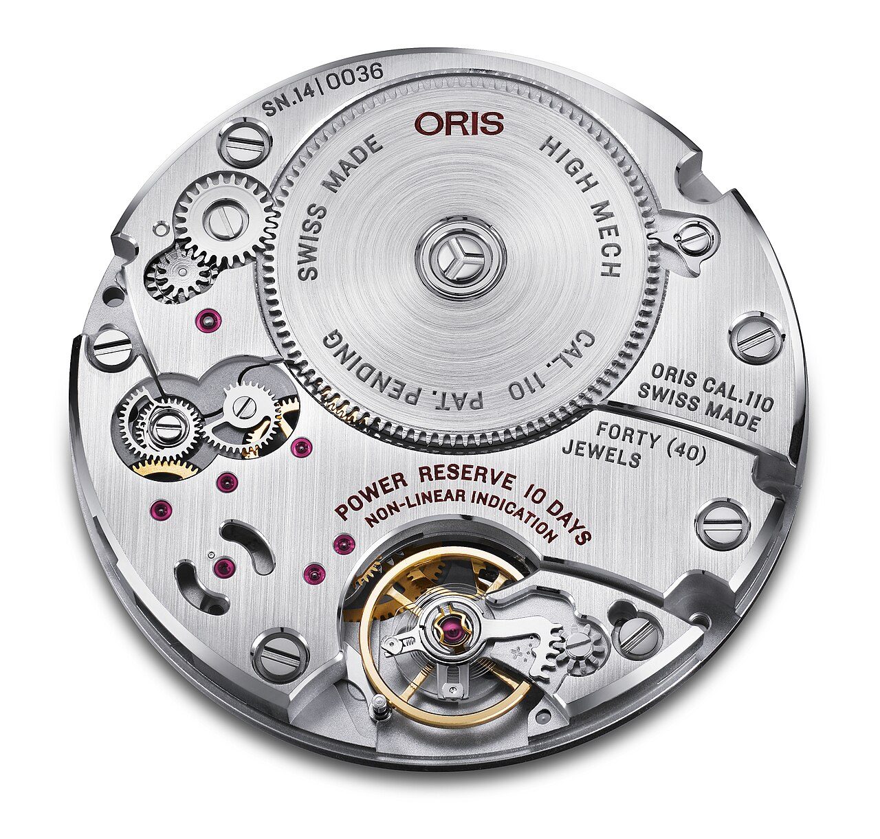 Uhrwerk Oris Calibre 110 von der Rückseite mit grossem Federhaus, der Aufschrift «Power Reserve 10 Days», Räderwerk, Rubinen und Unruh
